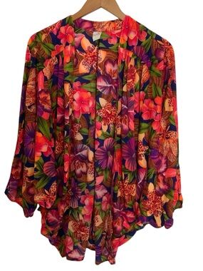 Jantzen Vibrant Floral Open-Front Kimono in Pink, Purple & Green vintage